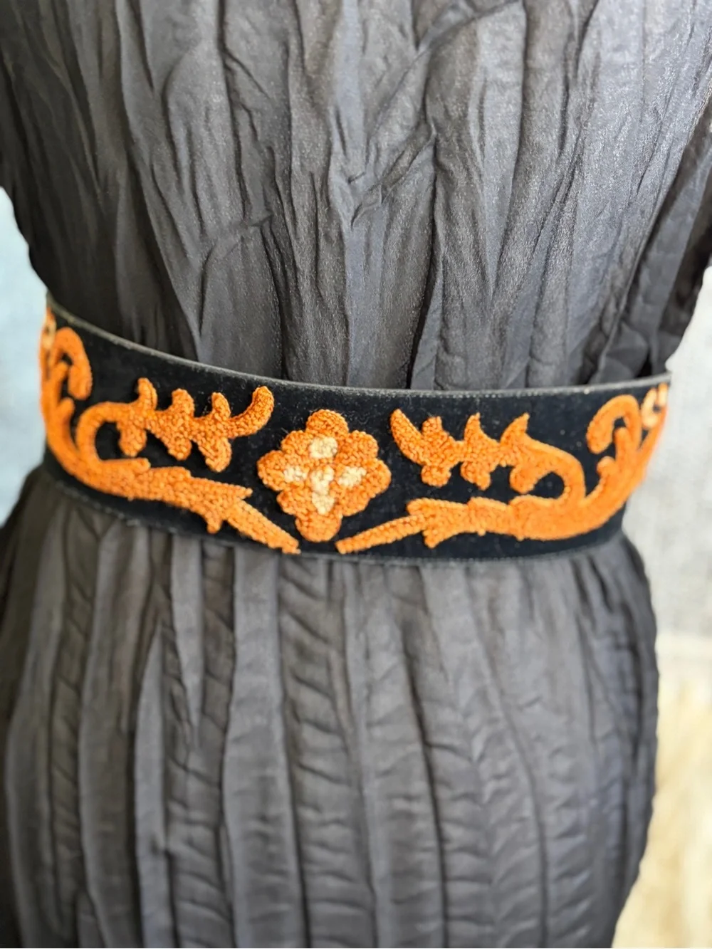 Vintage Black Belt with Orange Embroidered Floral Design